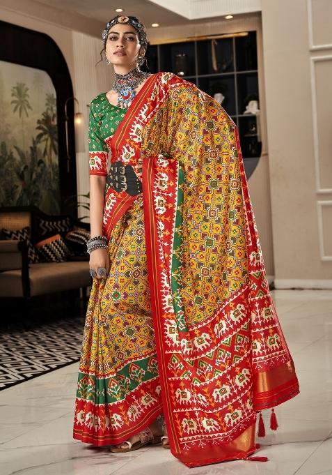 Mustard Printed Silk Blend Saree Set