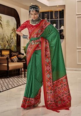 Green Printed Silk Blend Saree Set