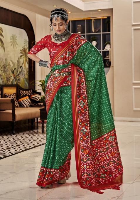 Green Printed Silk Blend Saree Set