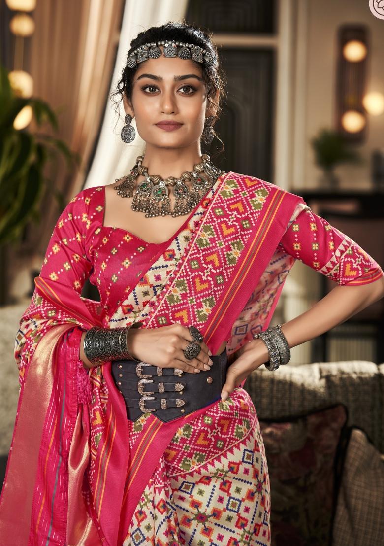 Beige Printed Silk Blend Saree Set - Indya