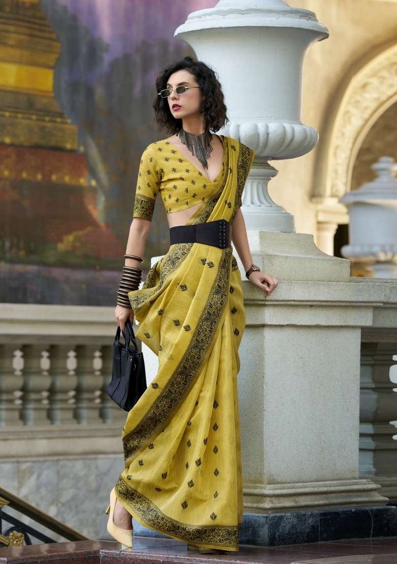 Yellow Linen Saree Set with Floral Print for Diwali | Wedding & Festive Wear - Indya