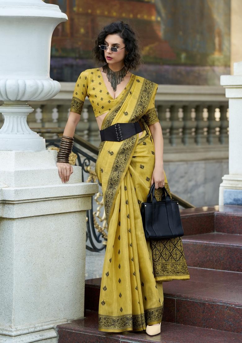 Yellow Floral Print Linen Saree Set - Indya