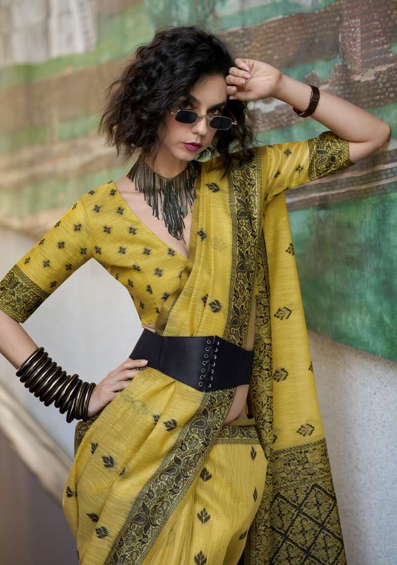 Yellow Linen Saree Set with Floral Print for Diwali | Wedding & Festive Wear - Indya