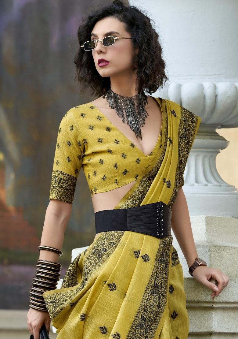 Yellow Floral Print Linen Saree Set - Indya