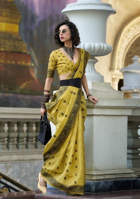 Yellow Floral Print Linen Saree Set