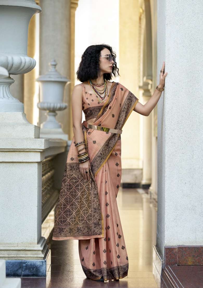 Pink Floral Print Linen Saree Set for Diwali and Festive Wear - Indya