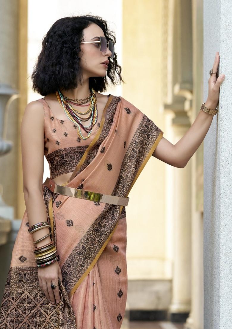 Pink Floral Print Linen Saree Set - Indya