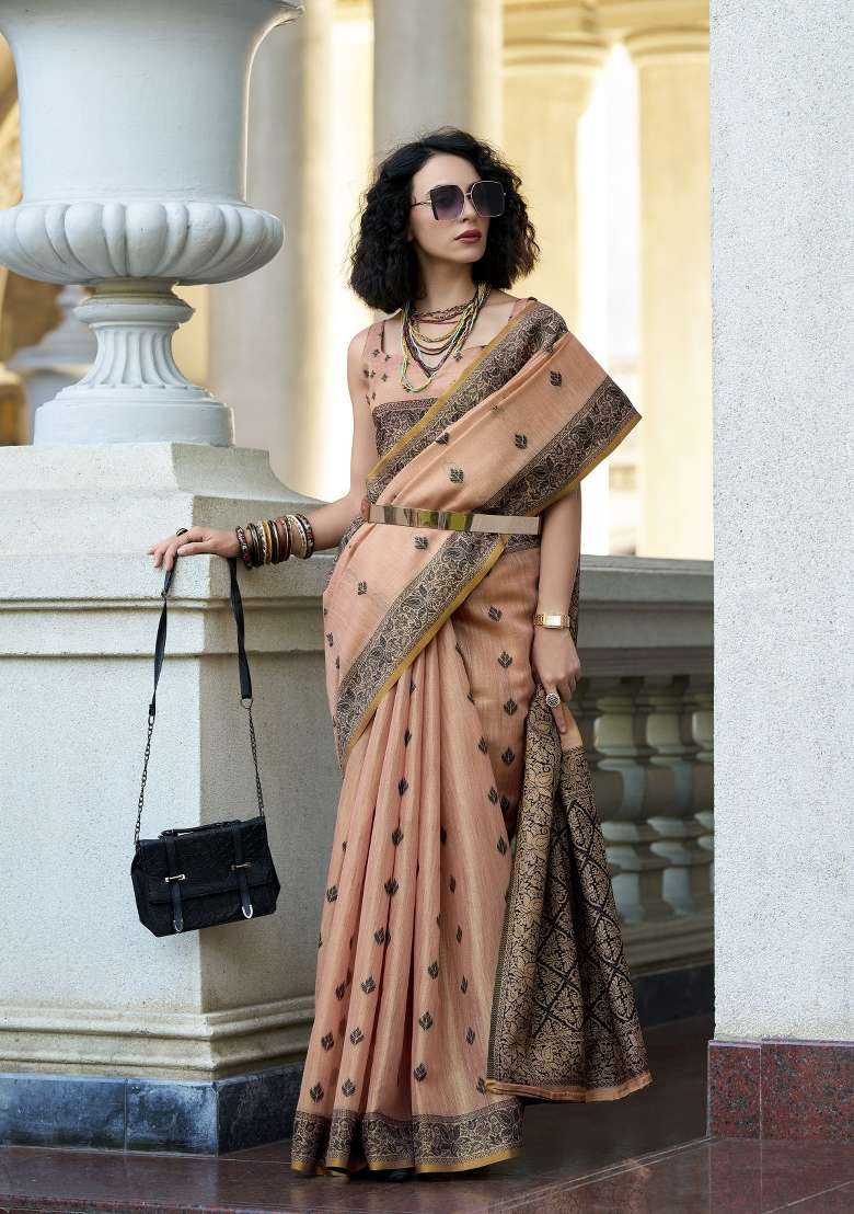 Pink Floral Print Linen Saree Set for Diwali and Festive Wear - Indya