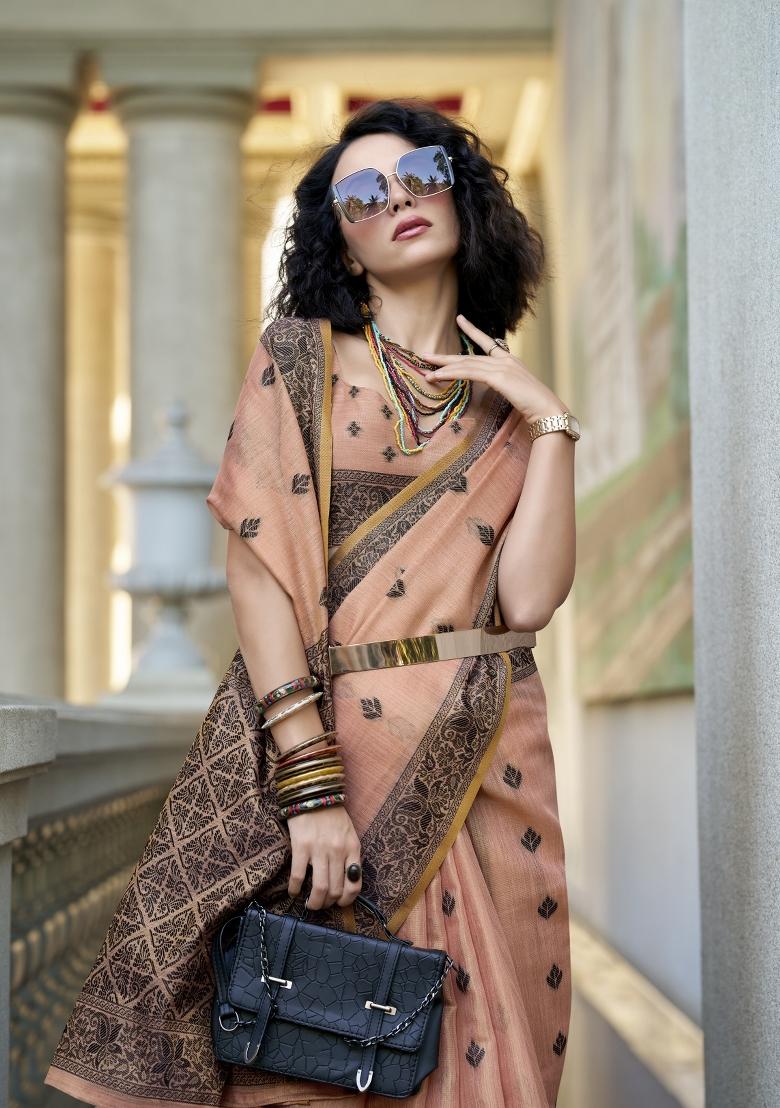 Pink Floral Print Linen Saree Set - Indya