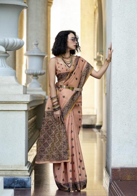 Pink Floral Print Linen Saree Set