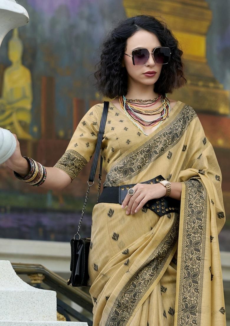 Beige Floral Print Linen Saree Set - Indya