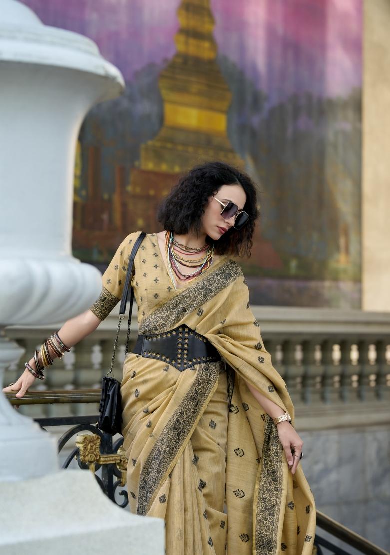 Beige Floral Print Linen Saree Set - Indya