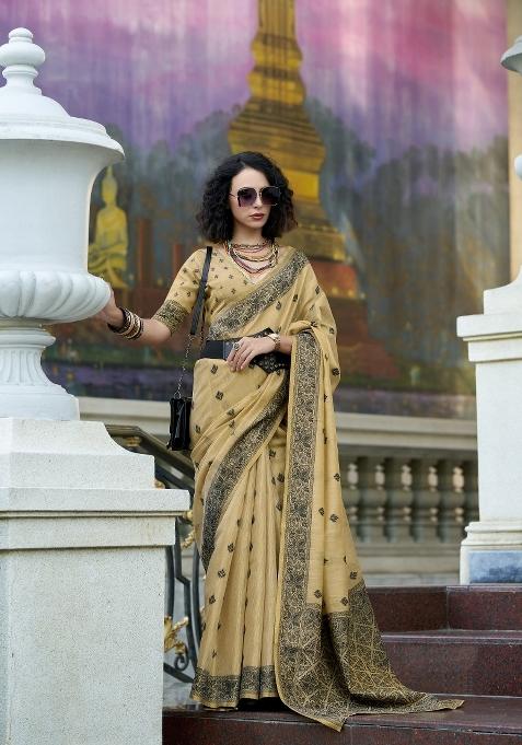 Beige Floral Print Linen Saree Set