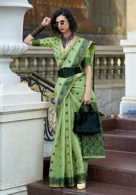Green Floral Print Linen Saree Set