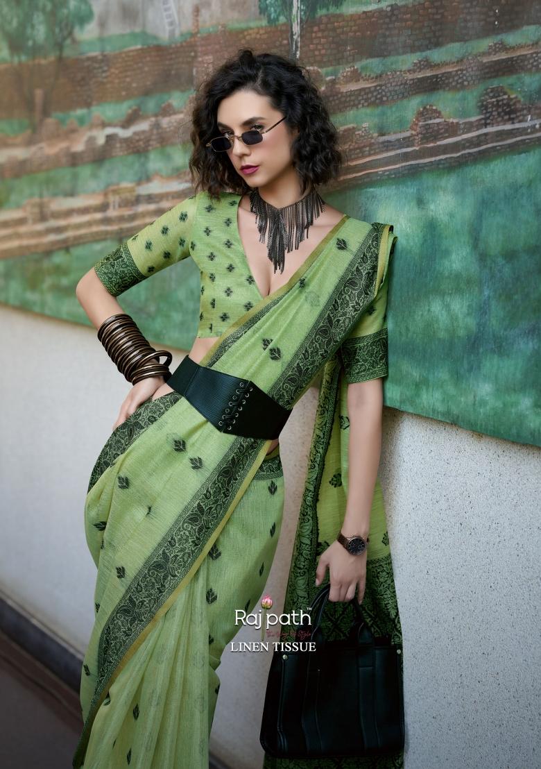 Green Floral Print Linen Saree Set - Indya