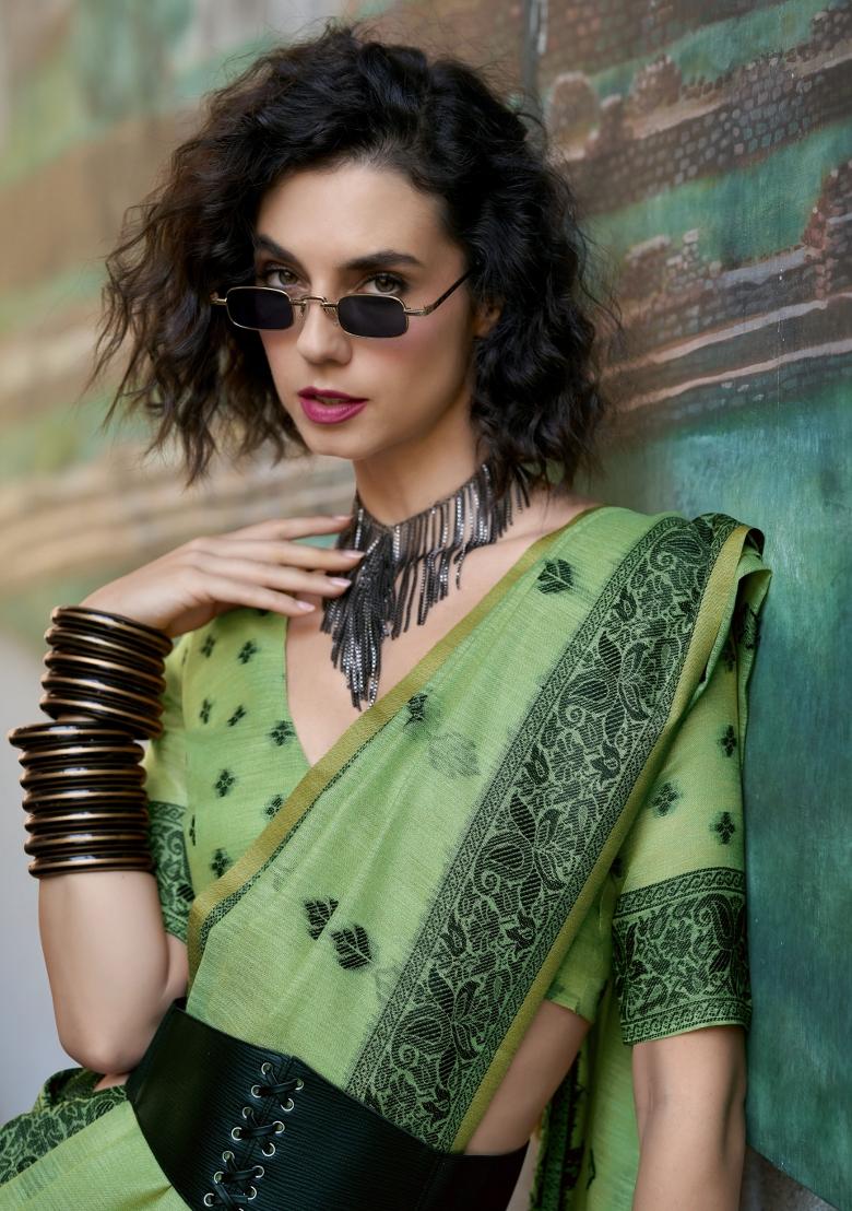 Green Floral Print Linen Saree Set - Indya