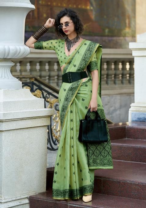 Green Floral Print Linen Saree Set