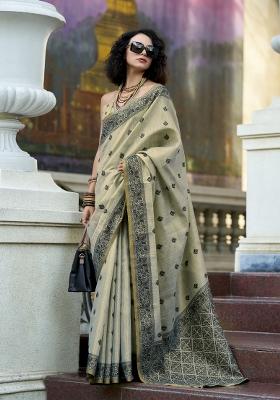 Grey Floral Print Linen Saree Set