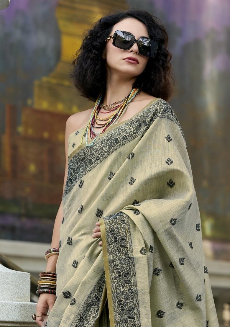 Grey Floral Print Linen Saree Set - Indya