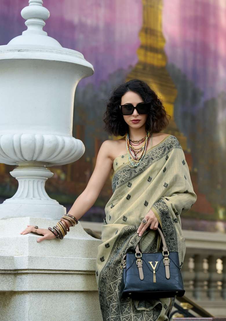 Grey Floral Print Linen Saree Set for Diwali and Festive Wear - Indya