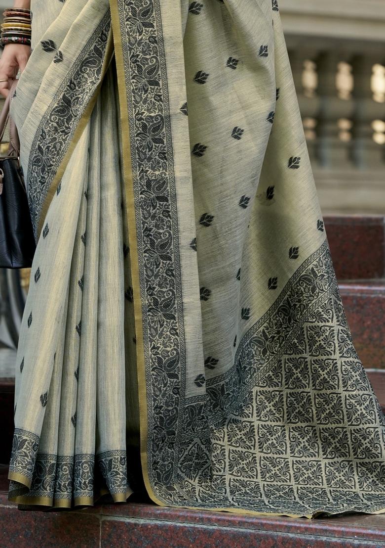 Grey Floral Print Linen Saree Set - Indya