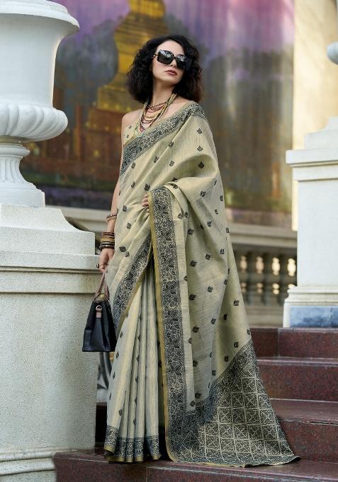 Grey Floral Print Linen Saree Set