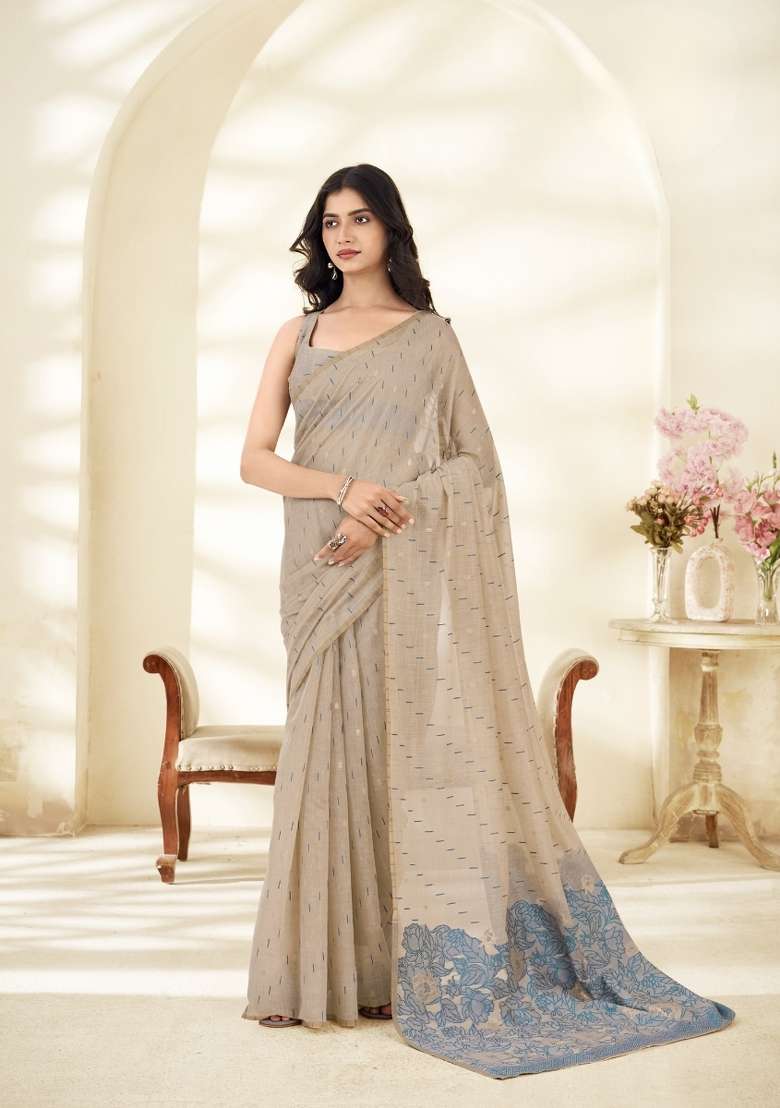 Grey Floral Print Linen Saree Set for Diwali and Festive Wear - Indya
