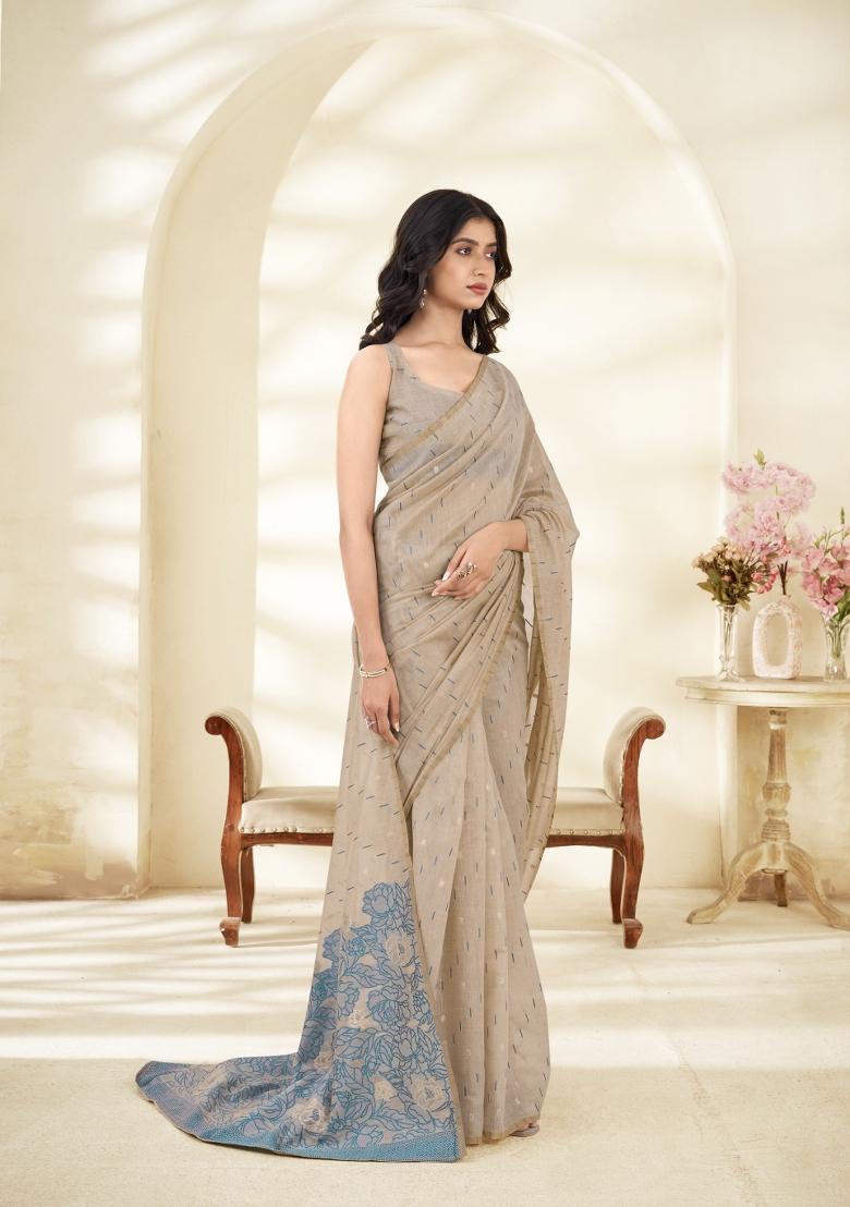 Grey Floral Print Linen Saree Set - Indya
