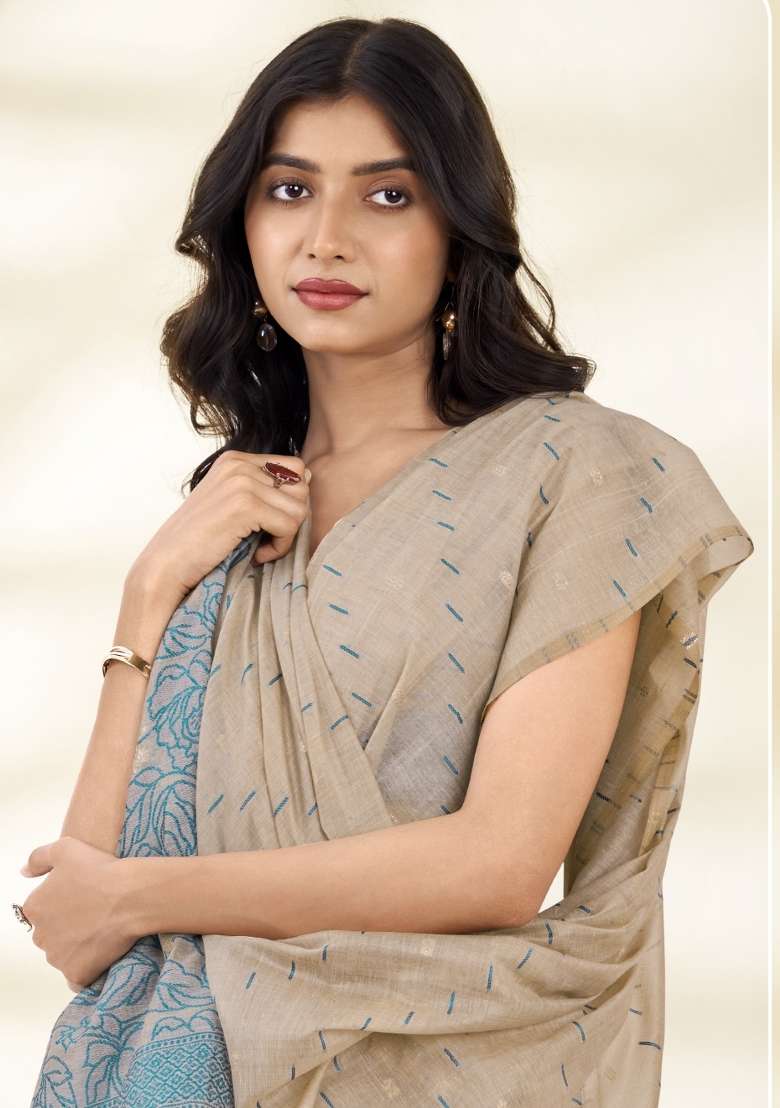 Grey Floral Print Linen Saree Set for Diwali and Festive Wear - Indya