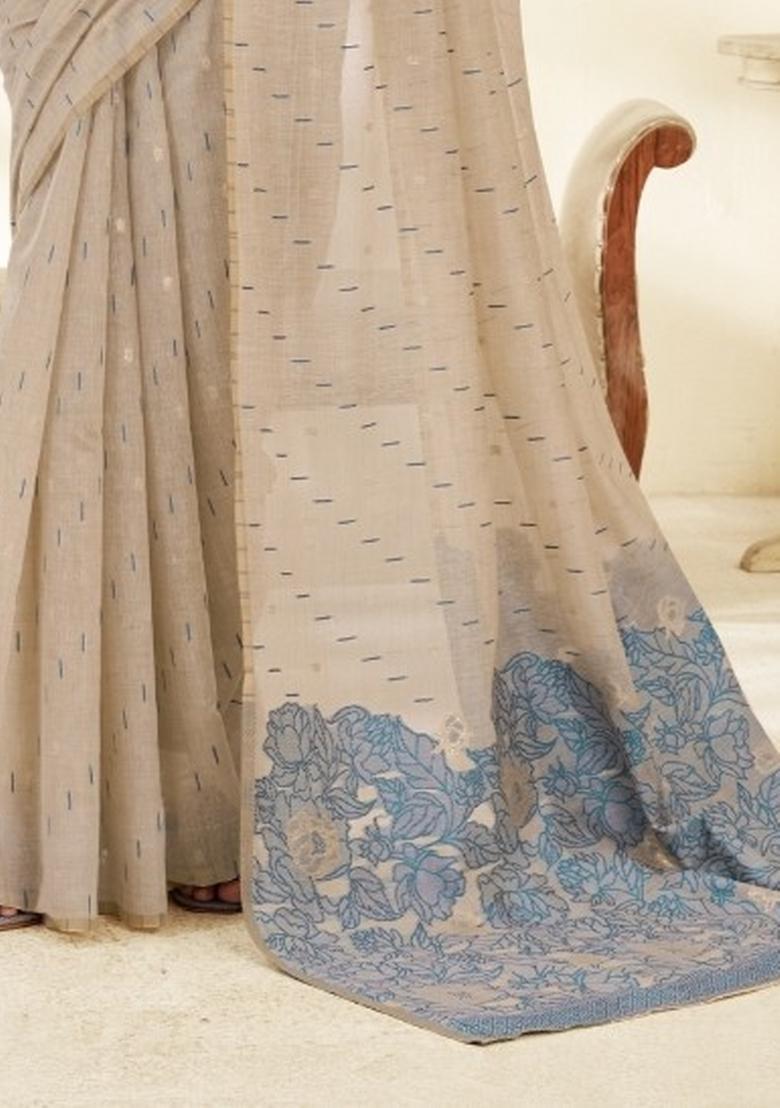 Grey Floral Print Linen Saree Set - Indya