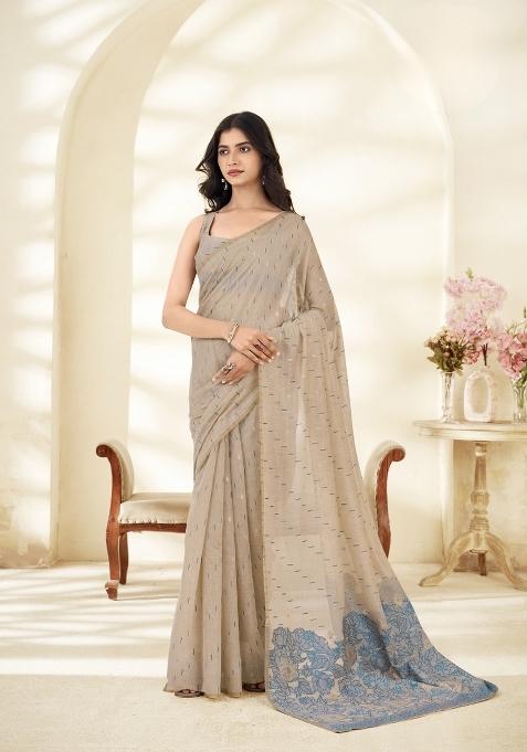 Grey Floral Print Linen Saree Set