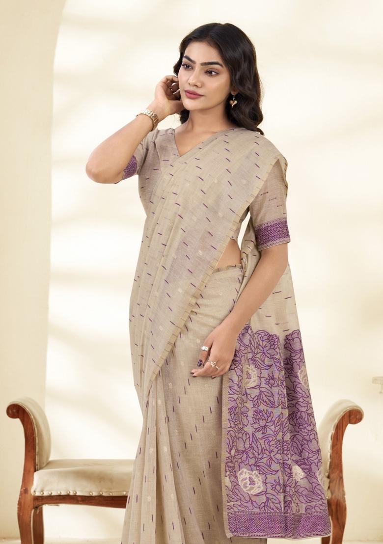 Onion Floral Print Linen Saree Set - Indya