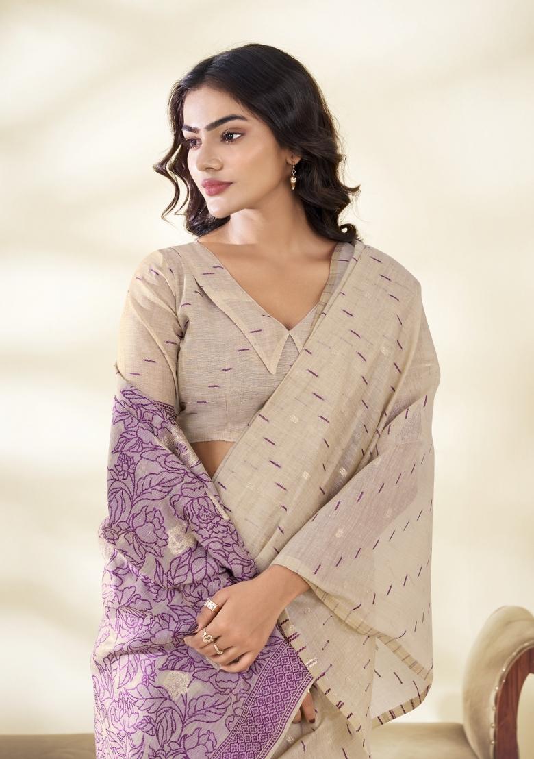 Onion Floral Print Linen Saree Set - Indya