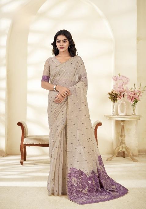 Onion Floral Print Linen Saree Set