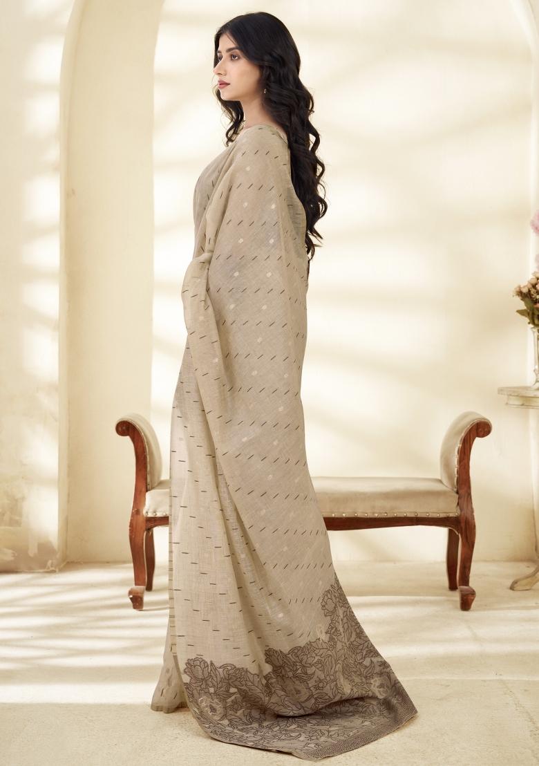 Brown Floral Print Linen Saree Set - Indya