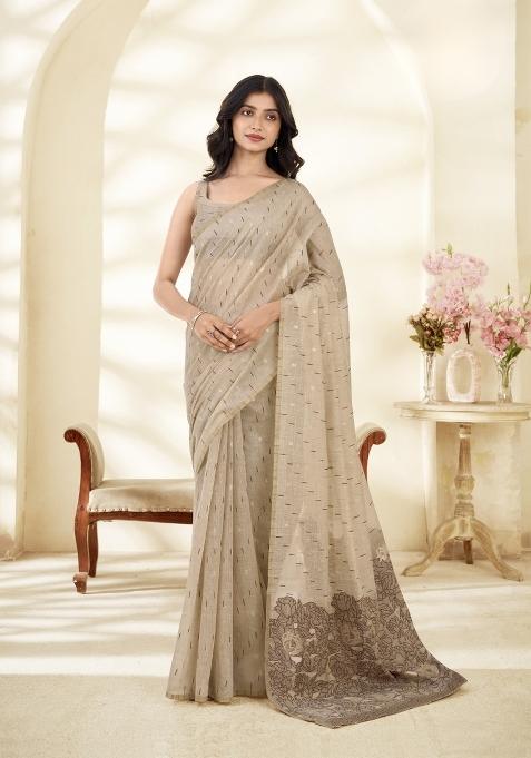 Brown Floral Print Linen Saree Set