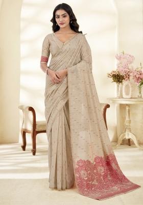 Peach Floral Print Linen Saree Set