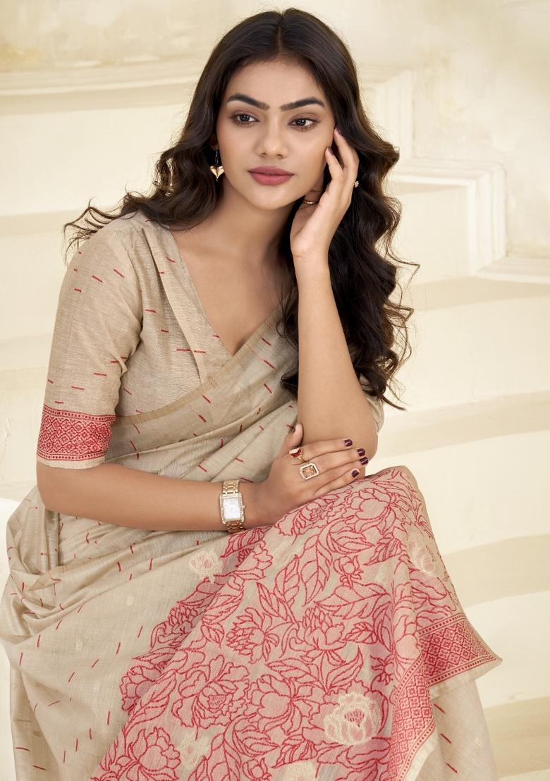 Peach Floral Print Linen Saree Set - Indya