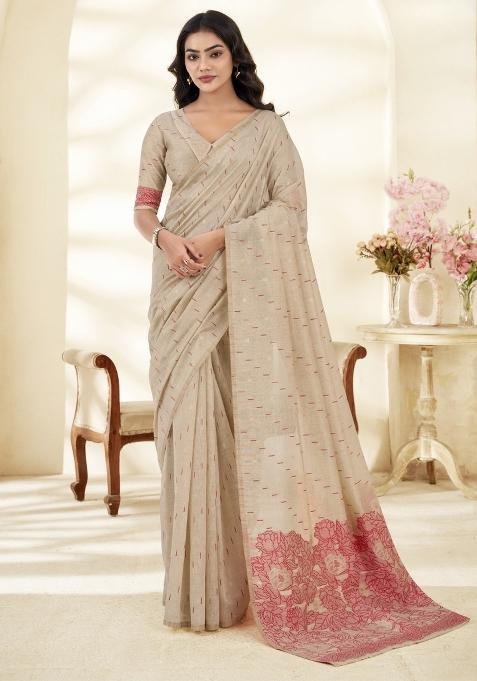 Peach Floral Print Linen Saree Set