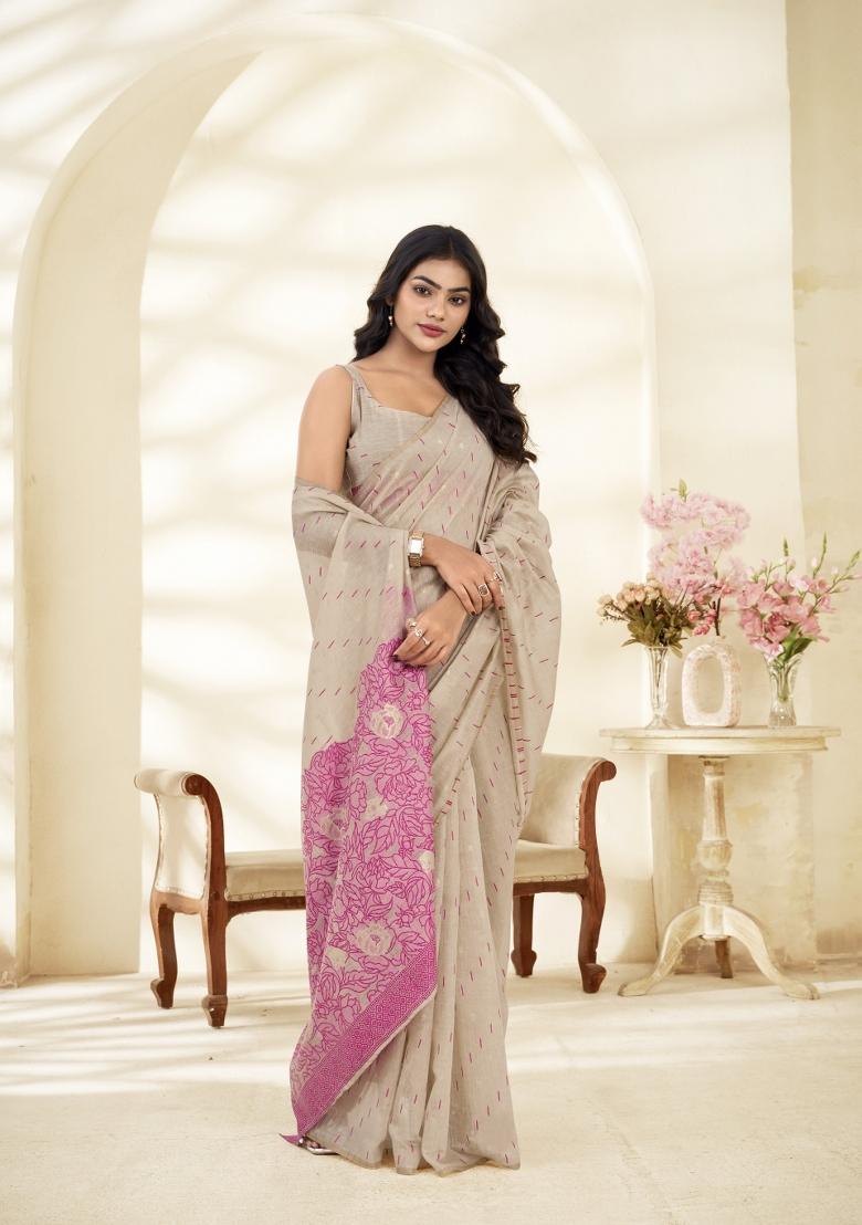 Pink Floral Print Linen Saree Set - Indya