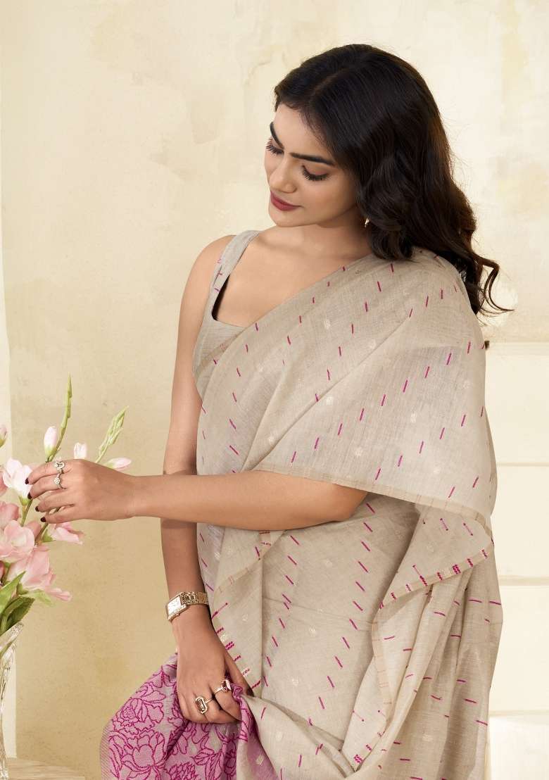Pink Linen Saree Set with Floral Print for Diwali | Wedding & Festive Wear - Indya