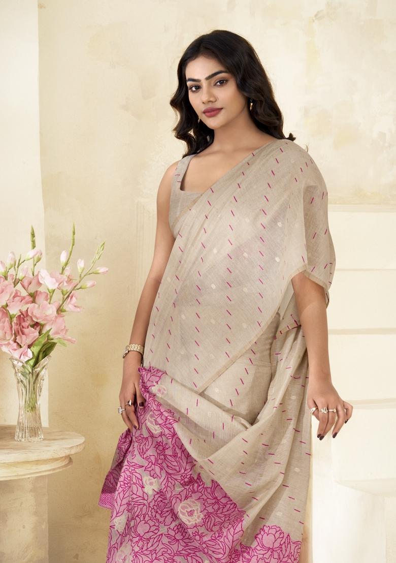 Pink Floral Print Linen Saree Set - Indya