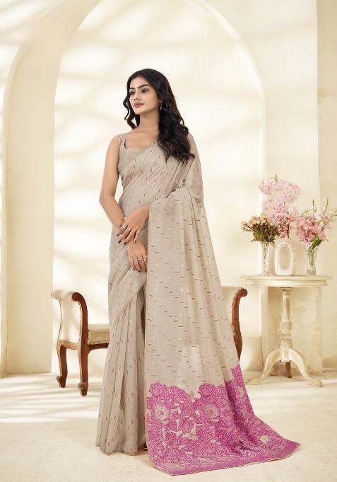 Pink Floral Print Linen Saree Set