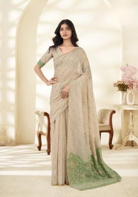 Green Floral Print Linen Saree Set
