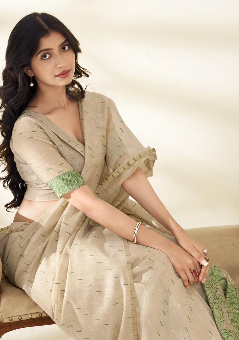 Green Floral Print Linen Saree Set - Indya