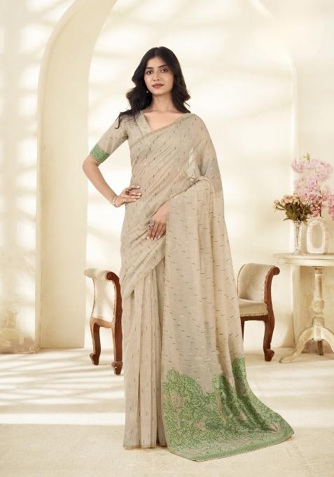 Green Floral Print Linen Saree Set