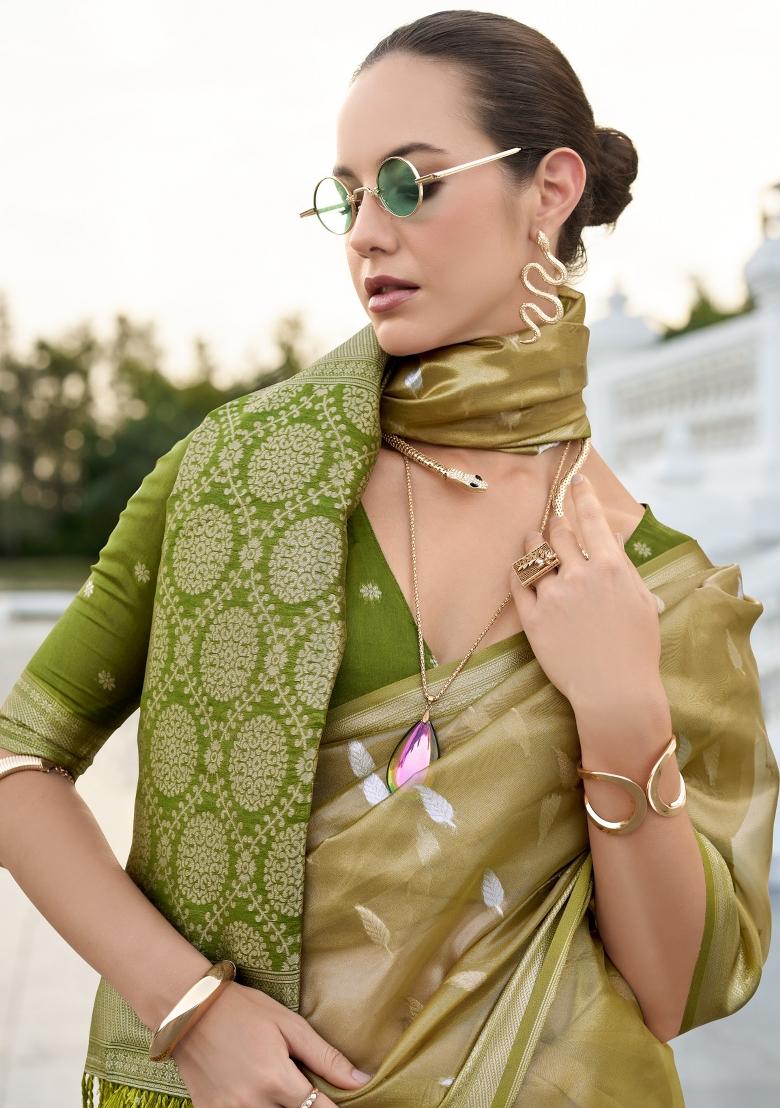 Green Floral Print Silk Blend Saree Set - Indya