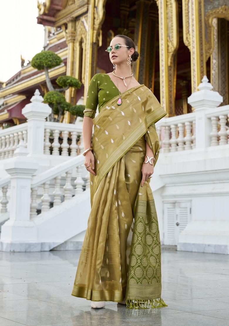 Green Floral Print Silk Blend Saree Set - Indya