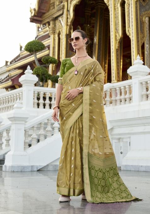 Green Floral Print Silk Blend Saree Set