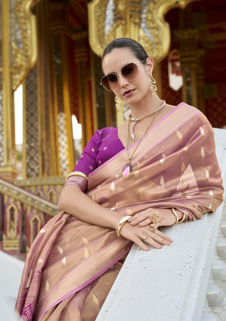 Pink Floral Print Silk Blend Saree Set - Indya